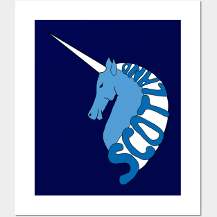 BLUE AND WHITE SCOTTISH UNICORN WITH SCOTLAND TEXT MANE Posters and Art